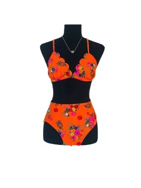 XHILARATION ~ Orange/Red High Waisted Floral Bikini with Scalloped Details